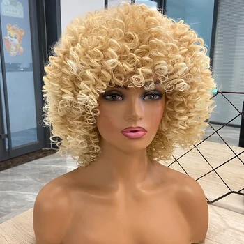 AISI BEAUTY Короткий Синтетический кудрявый парик для чернокожих женщин, афро-Кудрявый парик с челкой, светлые волосы Омбре для ежедневного использования, Косплей Изображение 2