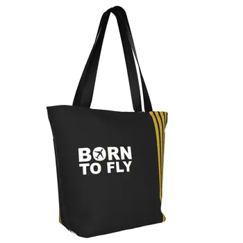 Переработка Born To Fly Хозяйственная сумка в полоску с Капитаном, Женская холщовая сумка-тоут на плечо, сумки для покупок в магазине Pilot Air Fighter Изображение 2