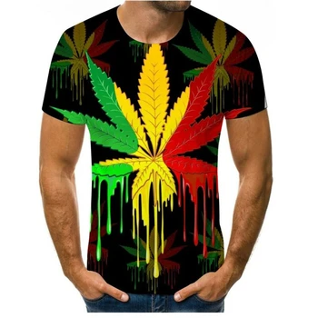 Летняя новинка 2022, горячая мужская футболка с 3D принтом зеленых листьев конопли, шелк, табак, футболка с короткими рукавами и круглым вырезом, уличный повседневный топ с короткими рукавами Изображение 2