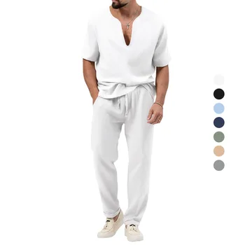 2023 Летние новые мужские костюмы, однотонная повседневная футболка с коротким рукавом, Комплект с длинными штанами