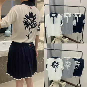 Высококачественная трикотажная рубашка поло в корейском стиле TB с короткими рукавами и четырьмя полосками сзади, женская тонкая дышащая футболка с приталенным верхом