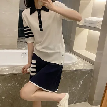 Высококачественная трикотажная рубашка поло в корейском стиле TB с короткими рукавами и четырьмя полосками сзади, женская тонкая дышащая футболка с приталенным верхом Изображение 2