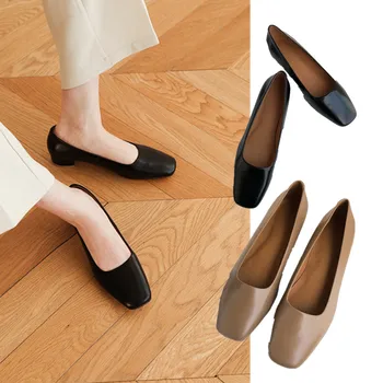 Офисные лоферы без застежки в английском стиле, женская модная элегантная мягкая обувь из натуральной кожи на квадратном каблуке