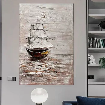 Ручная роспись, Морской пейзаж, абстрактная лодка, холст, картина маслом, гостиная, Семейный минималистичный кабинет, крыльцо, современная наклейка на стену