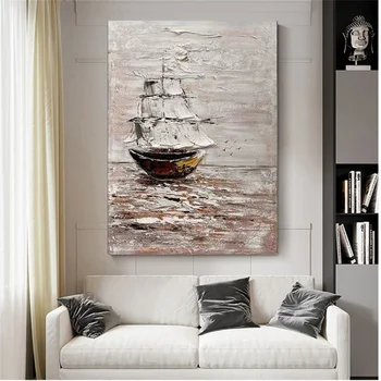 Ручная роспись, Морской пейзаж, абстрактная лодка, холст, картина маслом, гостиная, Семейный минималистичный кабинет, крыльцо, современная наклейка на стену Изображение 2