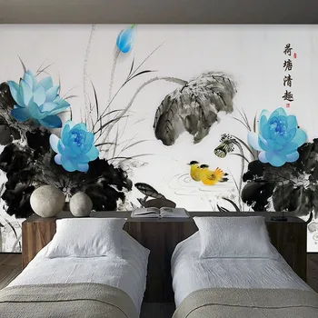 Пользовательские Фотообои Китайский Стиль 3D Художественная концепция Красочные Чернила Пейзаж Лотоса Фреска Гостиная Телевизор Диван 3D Домашний Декор Изображение 2