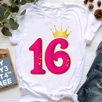 Милая футболка с принтом 14-й принцессы для девочек/Женская одежда 2022, Красная звезда, корона, футболка для вечеринки в честь Дня рождения, Женская летняя модная футболка Изображение 2