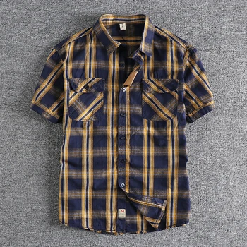 Классическая винтажная мужская рубашка в клетку с двумя карманами, ретро-модный дизайн, уличная одежда из выстиранного хлопка с Западного побережья Изображение 2
