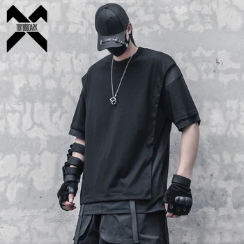 Мужская темная футболка в стиле хип-хоп, лето 2023, Поддельные две части, дизайн ленты, Уличная одежда, футболки, хлопковые топы, футболки, Techwear Black