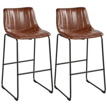 Высокий барный стул из искусственной кожи со спинкой, комплект из 2 предметов, коричневый
