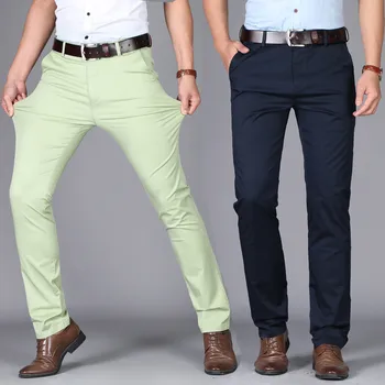 2023 Новые модные Летние мужские брюки, Повседневные дышащие однотонные Длинные Брюки из эластичного хлопка, Тонкая Прямая мужская одежда