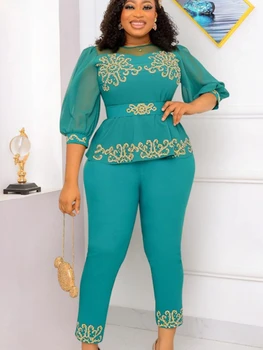 Африканская одежда Дашики с коротким рукавом для женщин, Комплект из двух предметов Большого Размера, топ и Длинные брюки, Африканский костюм, Tenue Africaine Femme S-5XL