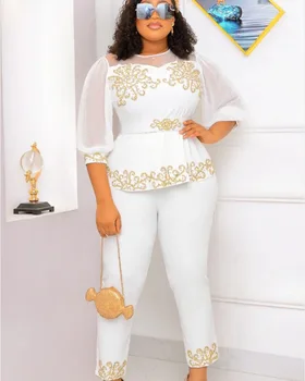 Африканская одежда Дашики с коротким рукавом для женщин, Комплект из двух предметов Большого Размера, топ и Длинные брюки, Африканский костюм, Tenue Africaine Femme S-5XL Изображение 2