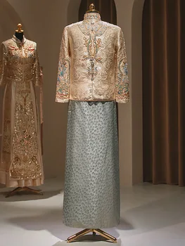 Традиционная китайская одежда для мужчин Xiuhe с вышивкой, круглый вырез, длинные рукава, Винтажное свадебное платье, комплект Изображение 2