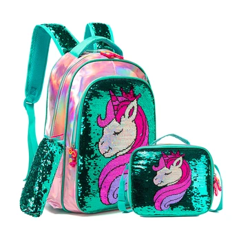 Gsequins Школьная сумка с Единорогом, двухсторонний рюкзак с блестками, легкий рюкзак в стиле Каваи, рюкзак для девочек, школьные принадлежности для девочек Изображение 2