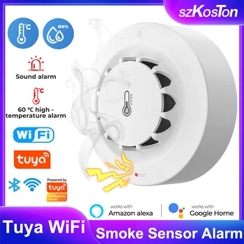 Умный Дом Tuya WiFi Датчик дыма, сигнализация, детектор температуры и влажности, пожарный, работа с Alexa Google Home Security