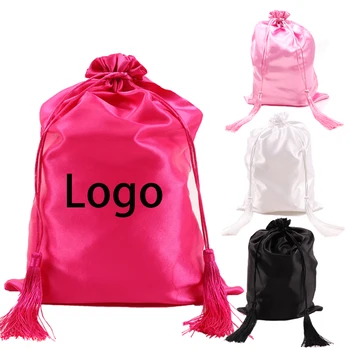 Индивидуальный логотип, 20 шт./лот, атласные сумки для париков с кисточкой на шнурке, Черный, Розовый, для хранения волос, Для упаковки волос, дорогие парики, подарок Изображение 2