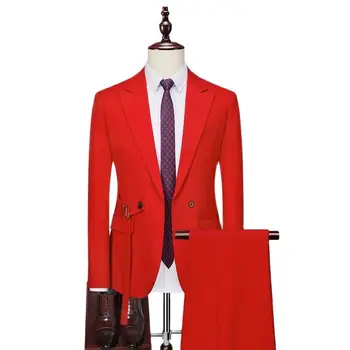 Классическое красное платье для выпускного вечера из двух частей, уникальный дизайн, костюм с поясом, пиджак и однотонные брюки, Большой Размер 6XL, мужская свадебная одежда