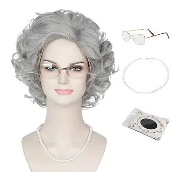 Комплект костюмов для старой леди, парик для старой леди, бабушкины очки, жемчужное ожерелье, 3 предмета, серый бабушкин парик для Хэллоуина