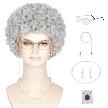 Комплект костюмов для старой леди, парик для старой леди, бабушкины очки, жемчужное ожерелье, 3 предмета, серый бабушкин парик для Хэллоуина Изображение 2