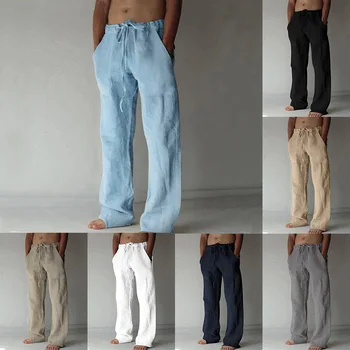 Однотонные Хлопчатобумажные Льняные Мужские брюки Минималистичные базовые Повседневные брюки на завязках Тонкие Большие Размеры Свободные Прямые брюки