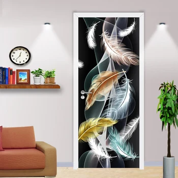 3D Стереоскопическая Абстрактная Дверная наклейка с дымчатым пером, Современная гостиная, Декор двери спальни, Настенная роспись, ПВХ самоклеящиеся обои