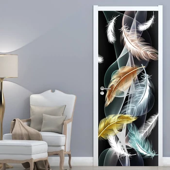 3D Стереоскопическая Абстрактная Дверная наклейка с дымчатым пером, Современная гостиная, Декор двери спальни, Настенная роспись, ПВХ самоклеящиеся обои Изображение 2