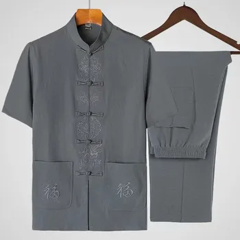 Комплекты из льна Hanfu с вышивкой, Костюм в китайском стиле, мужской традиционный топ в стиле Танг Кунг-фу Тайчи, летние мужские хлопковые Брюки