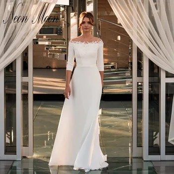 Замечательное Прозрачное Свадебное платье с круглым вырезом и кружевными аппликациями в виде Русалки, Платье Невесты с рукавами три четверти и шлейфом Vestidos De Mujer