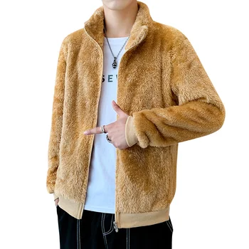 Мужская зимняя куртка, кардиган, пушистое пальто с лацканами, флис, искусственный мех, зимняя теплая куртка, пальто, повседневная толстовка Изображение 2