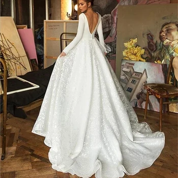 MACDUGAL Простое свадебное платье из атласа с V-образным вырезом и длинными рукавами, очаровательное вечернее платье в стиле бохо, простое модное Изображение 2