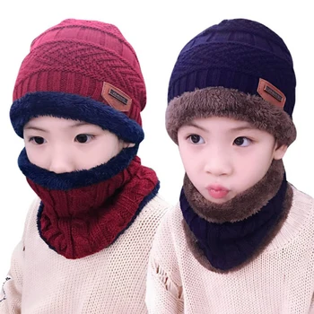 Детская Зимняя шапка и шарф в комплекте для мальчиков и девочек, вязаная шапочка, детские флисовые тюбетейки, балаклава Изображение 2