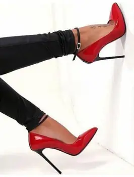 Женщины сексуальный черный розовый красный лакированная кожа неглубокие насосы 120 тонкие дамские мм каблуках ремень пряжка заостренный носок насосы обувь большой размер 45