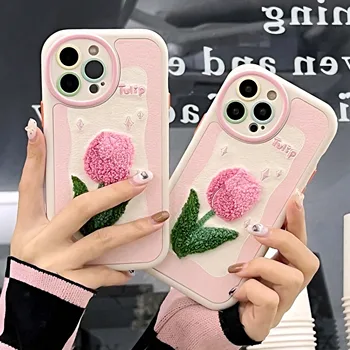3D рельефная кожаная вышивка цветок розовые тюльпаны милый мультяшный противоударный чехол для телефона iphone 11 13 12 promax 14 pro max plus