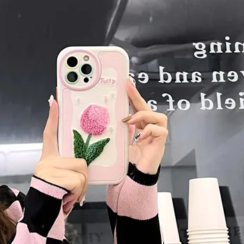 3D рельефная кожаная вышивка цветок розовые тюльпаны милый мультяшный противоударный чехол для телефона iphone 11 13 12 promax 14 pro max plus Изображение 2