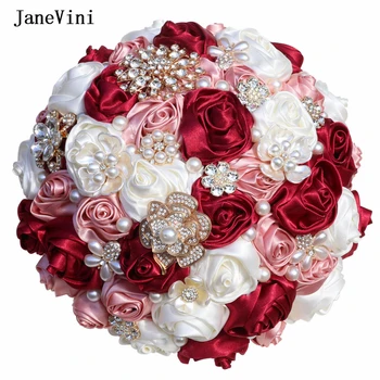 JaneVini Потрясающие свадебные цветы Роскошные Букеты Свадебных брошей с кристаллами Букет из искусственных атласных Роз Свадебные Аксессуары
