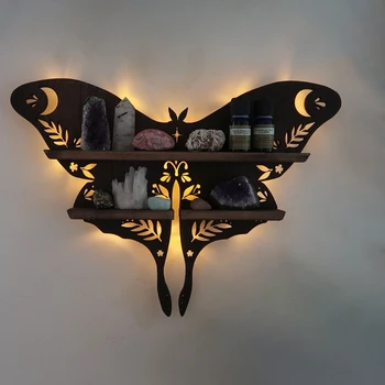 Деревянная полка с лунной бабочкой, Хрустальный стеллаж для хранения эфирных масел, лампа с лунным мотыльком, Стеллаж для декора, настенная полка в гостиной