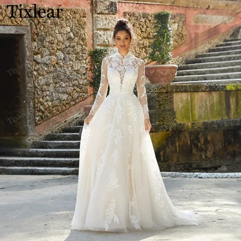 Элегантное Свадебное платье TIXLEAR С Высоким Воротом Для Женщин 2023 Трапециевидной формы, Кружевные Аппликации, Тюлевые Свадебные Платья На Заказ, Vestidos De Novia