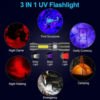 УФ-фонарик Ультрафиолетовый свет Многофункциональный Перезаряжаемый фонарик Масштабируемый магнитный светодиодный фонарик Обнаружение пятен Черный свет Изображение 2