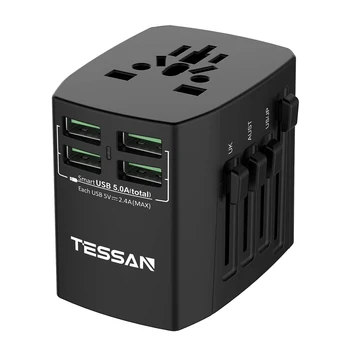Адаптер для международных путешествий TESSAN EU/UK/CN/US/AU с универсальными розетками, 4 USB-портами для зарядки, Розетка для станции