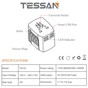 Адаптер для международных путешествий TESSAN EU/UK/CN/US/AU с универсальными розетками, 4 USB-портами для зарядки, Розетка для станции Изображение 2