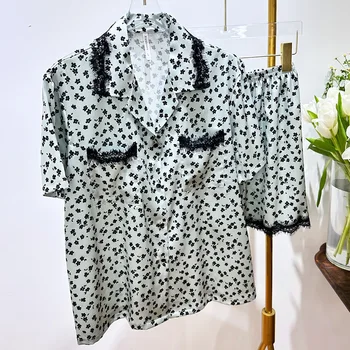 Женская летняя пижама из ледяного шелка с тонкими черными кружевными цветами для ресниц можно носить вне дома, носить шорты с короткими рукавами Изображение 2