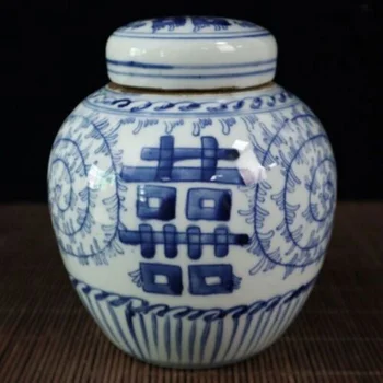 Hy04 Старинный Китайский Бело-Голубой Фарфоровый Горшок с Двойным Рисунком Счастья