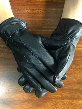 Мужские Зимние теплые перчатки с флисовой подкладкой из натуральной кожи для езды на мотоцикле, Износостойкие варежки из натуральной козьей кожи для вождения, перчатки на запястье Изображение 2