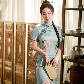 Осенний Чонсам с длинным рукавом и высоким разрезом 2022, улучшенное самосовершенствование в китайском стиле, вечернее платье-ципао с цветами пиона для женщин
