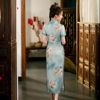 Осенний Чонсам с длинным рукавом и высоким разрезом 2022, улучшенное самосовершенствование в китайском стиле, вечернее платье-ципао с цветами пиона для женщин Изображение 2