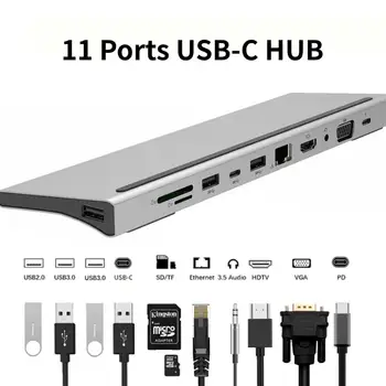 11 В 1 док-станция USB-C Концентратор USB 3.0 Type C Адаптер 4K HDMI-совместимый RJ45 SD/TF VGA Аудио PD Для Ноутбука MacBook Изображение 2