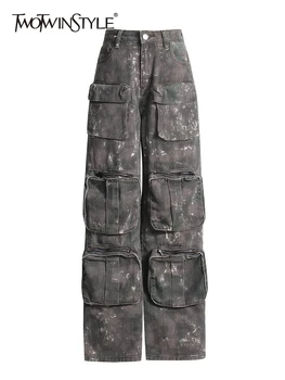 TWOTWINSTYLE, Джинсовые Свободные брюки-карго Для женщин, с высокой талией, с карманами в стиле пэчворк, Повседневные Камуфляжные Джинсы, Женская мода Осень 2023