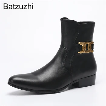 Мужские ботинки Batzuzhi в ковбойском стиле в западном стиле, черные короткие ботинки из натуральной кожи с острым носком, мужские мотоциклетные ботильоны на молнии для мужчин Изображение 2