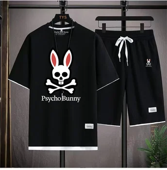 Новый летний мужской комплект 2023 года с принтом Psycho Bunny1-1, коротким рукавом с круглым вырезом и шортами из двух частей